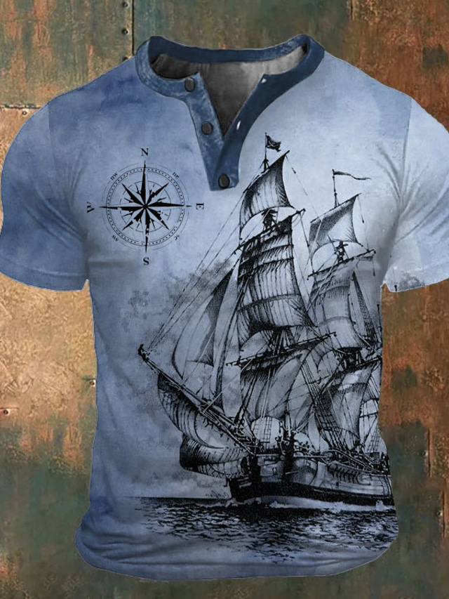  Graphic Ship Fashion Retro Vintage Classic Men's 3D Print T shirt Tee Henley Shirt Sports Outdoor Holiday Going out T shirt Blue Brown Army Green Short Sleeve Henley Shirt Spring & Summer Clothing