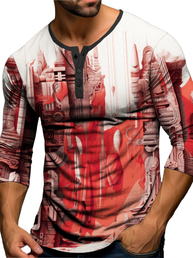  Herren Graphic Gebäude Henley Shirt Langarm T-Shirt 3D-Druck Henley Hemd Modisch Täglich Brautkleider schlicht Casual Festtage Ausgehen Rote Blau Orange Frühling & Herbst Bekleidung S M L XL XXL 3XL