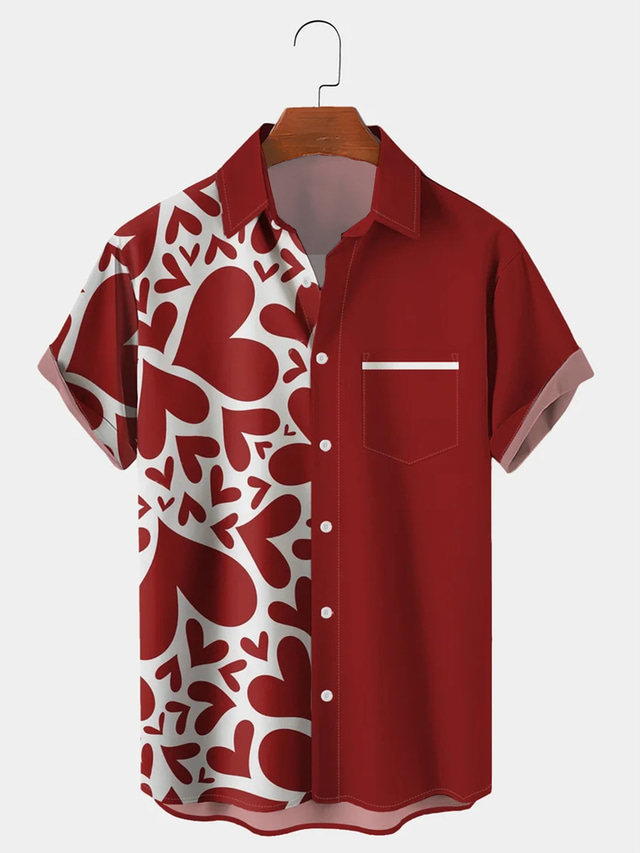  Heart Color Block Holiday Hawaiian Casual Men's Shirt Date Going out Valentine Summer Turndown Short Sleeve Dark Red, Red S, M, L 4-Way Stretch Fabric Shirt Normal Valentine's Day