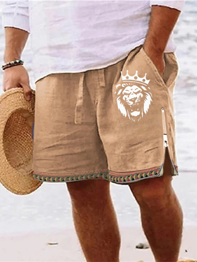  Men's Shorts Summer Shorts Beach Shorts Zipper Drawstring Elastic Waist Lion Comfort Breathable Short Daily Holiday Going out Hawaiian Casual Army Green Royal Blue