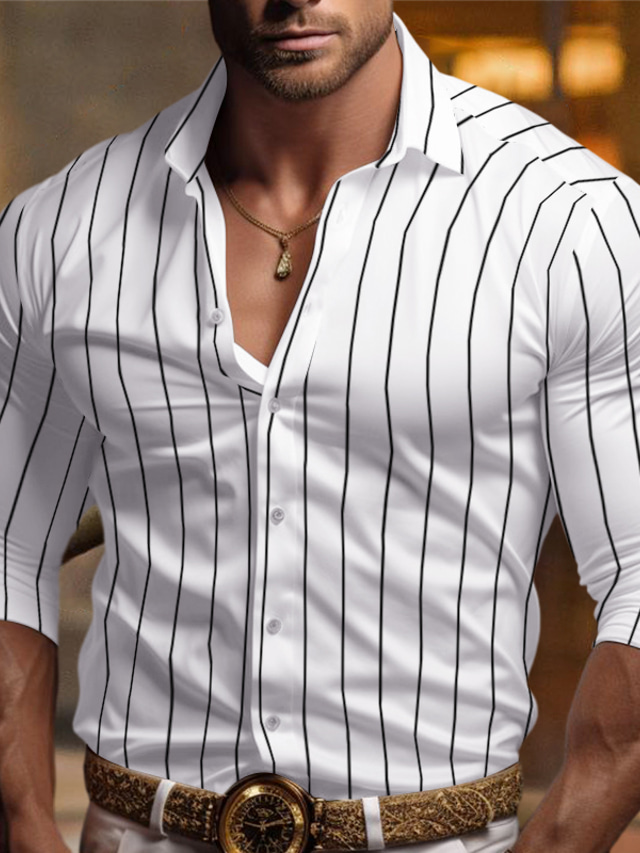  男性用 シャツ ドレスシャツ ボタンアップシャツ ブラック ホワイト ルビーレッド 長袖 縞柄 ラペル 春 & 秋 オフィス＆キャリア ウェディングパーティー 衣類