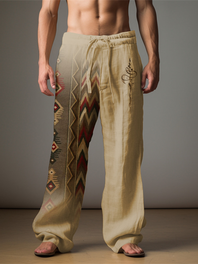  Hombre Vintage Étnico Pantalones de lino Pantalones Media cintura Exterior Ropa Cotidiana Ropa de calle Otoño invierno Ajuste regular