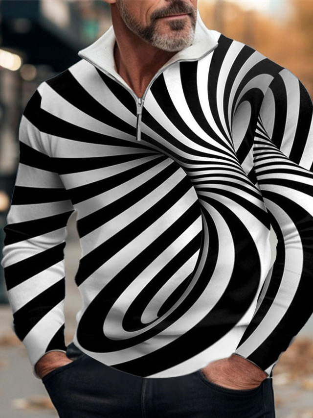  Wzór 3D Męskie Abstrakcja 3D Nadruk Bluza polo Na zewnątrz Codzienne Streetwear Poliester Długi rękaw Suwak Koszulki polo Biały Wino Wiosna S M L Średnio elastyczny Polo z klapami