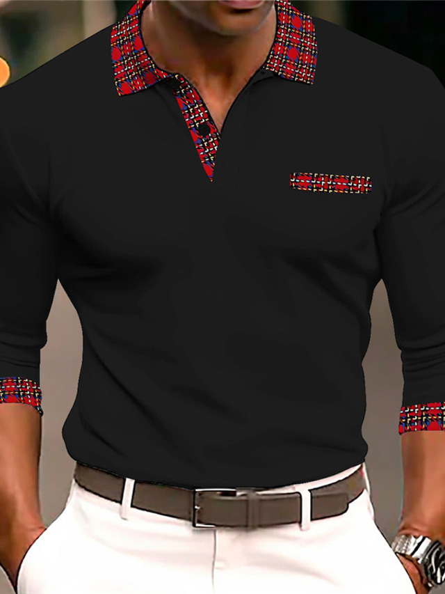  Plaid / Check Men's Business 3D Print Cable Knit Polo Golf Polo Outdoor Casual Daily Streetwear Polyester Long Sleeve Turndown Polo Shirts Black White Spring & Summer S M L Micro-elastic Lapel Polo