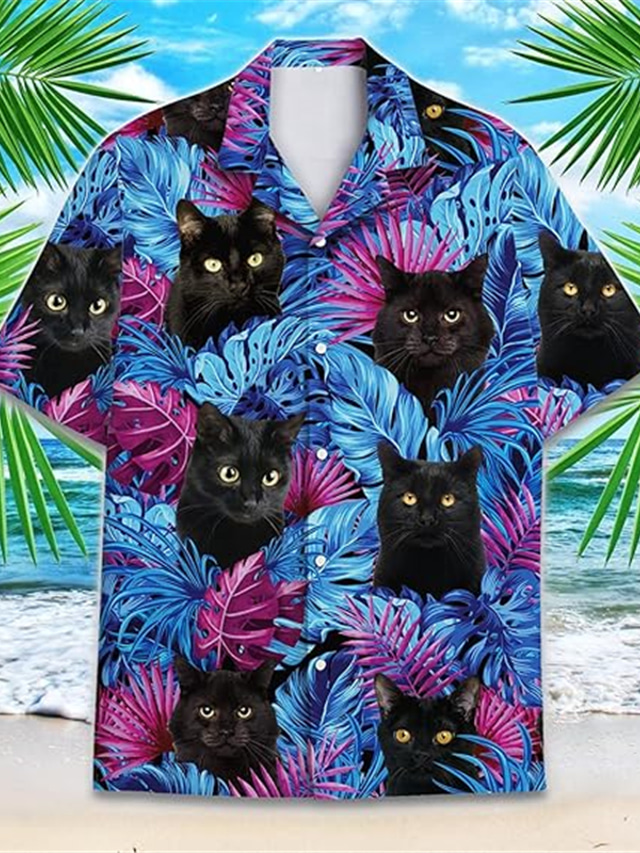  Animal Gato Casual Homens Camisa Social Ao ar livre Rua Casual / Diário Verão colar cubano Manga Curta Roxo Verde S M L Camisa