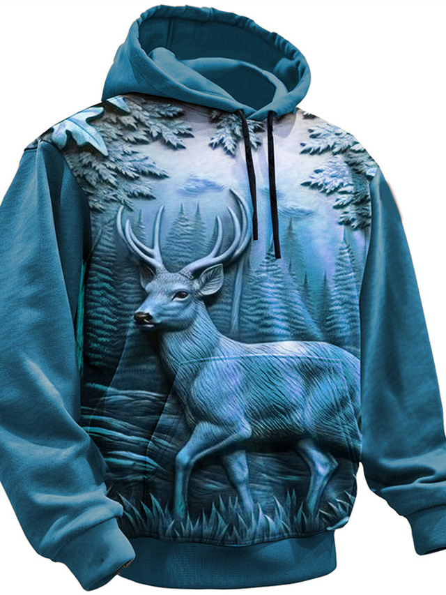  grafisk hjort menn komfort farge sweatshirts mote 3d print hettegenser sport utendørs ferie ferie