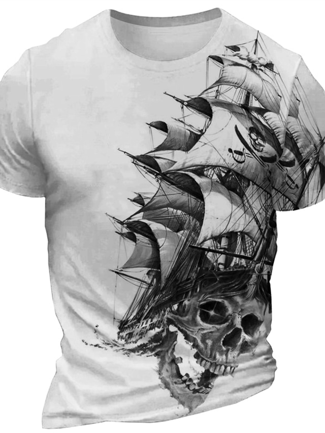  Graphic Skeleton Sailboat Daily Designer Retro Vintage Men's 3D Print T shirt Tee Sports Outdoor Holiday Going out T shirt White Burgundy Brown Short Sleeve Crew Neck Shirt Spring & Summer Clothing
