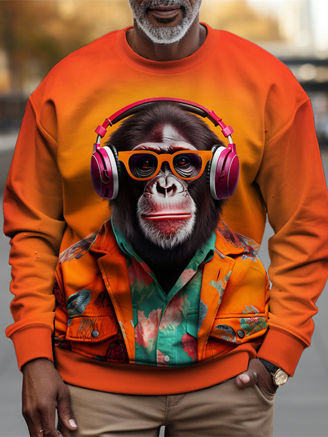  Homme Graphic Orang-outan Sweats Sweat à capuche manche longue Sweat à capuche Col Ras du Cou Mode 3D effet Vacances Sortie Vêtement de rue Jaune Violet Imprimer Printemps & Automne Designer