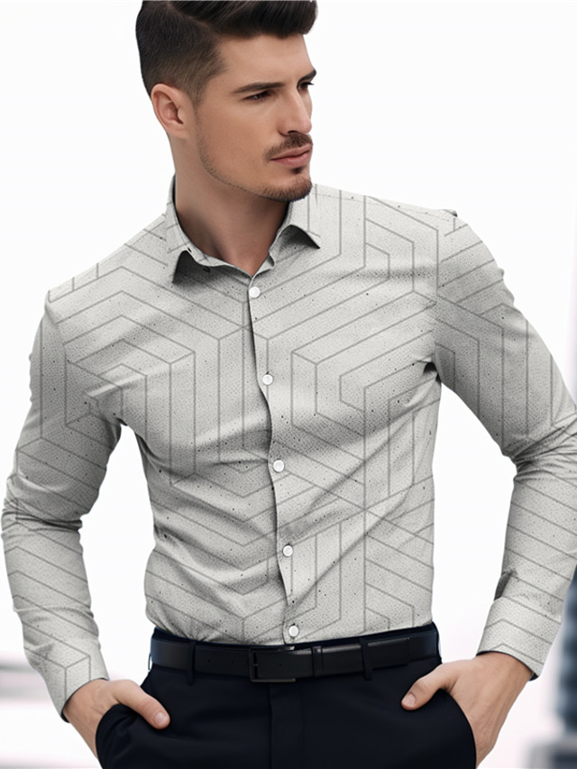  Geometry Business Men's Shirt Daily Wear Going out Spring & Summer Turndown Long Sleeve Black, Blue, Beige S, M, L 4-Way Stretch Fabric Shirt