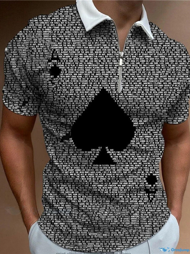  Poker Men's Abstract 3D Print Zip Polo Golf Polo Outdoor Daily Wear Streetwear Polyester Short Sleeve Turndown Zip Polo Shirts Black Spring & Summer S M L Micro-elastic Lapel Polo