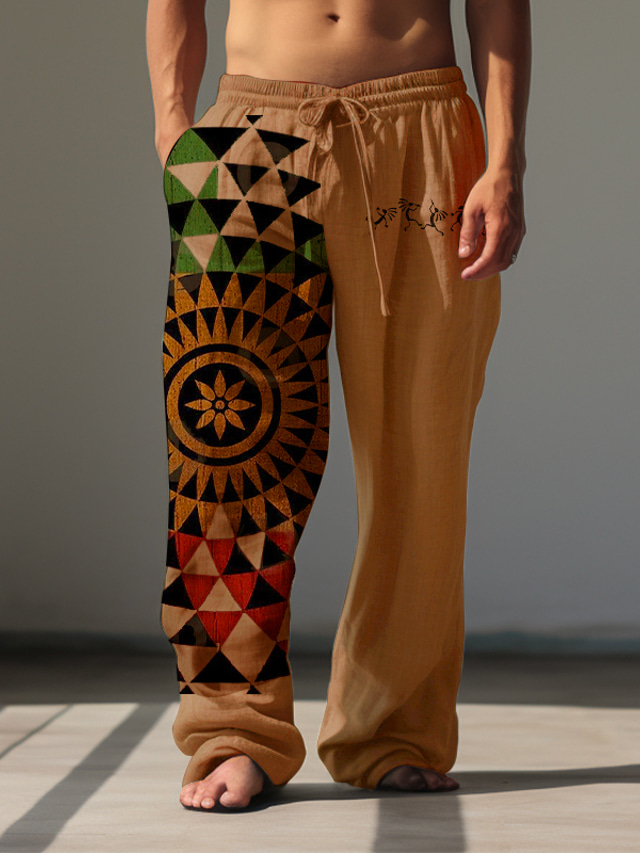  Men's Vintage Geometric Linen Pants Pants Trousers Mid Waist Carnival Daily Wear Fall & Winter Regular Fit