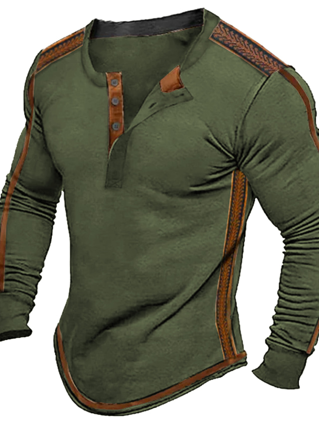  Men's Button T Shirt T Shirt Henley Shirt Tee Top Long Sleeve Henley Spring &  Fall Color Block Vintage Designer Basic Patchwork Vacation Street Going out Black Navy Blue Green Top Tee for Men