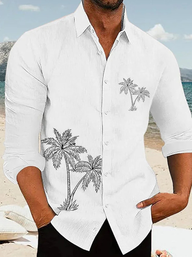  Men's Polyester Shirt Linen Shirt Palm Tree Print Long Sleeve Lapel White, Blue, Gray Shirt Outdoor Daily Vacation