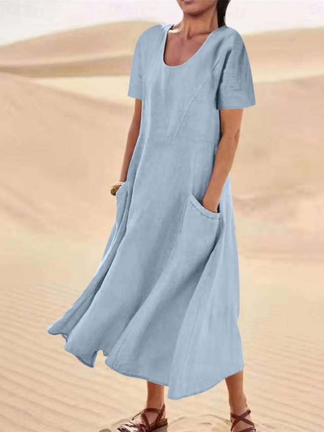  Women's Casual Dress Long Dress Maxi Dress Pocket Date Maxi Basic Crew Neck Short Sleeve Black Pink Sky Blue Color