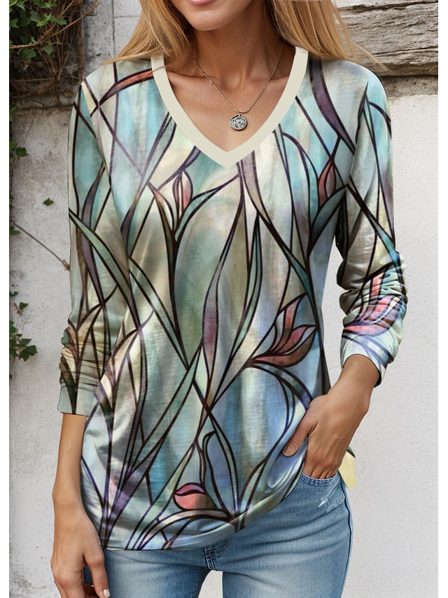  Women's T Shirt Floral Animal Dragonfly Fashion Long Sleeve V Neck Regular Tops Casual Holiday Print Navy Blue Blue Green Spring &  Fall