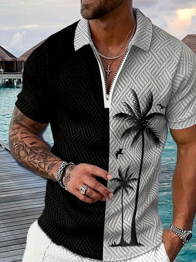 Palm Tree Men's Casual 3D Print Zip Polo Outdoor Daily Wear Streetwear Polyester Short Sleeve Turndown Zip Polo Shirts Blue Gray Spring & Summer S M L Micro-elastic Lapel Polo