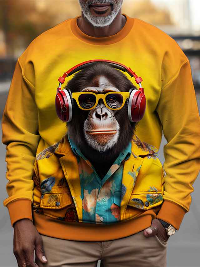  Grafika Orangután Férfi Divat 3D nyomtatás Pulóver pulóver Szabadság Vakáció Alkalmi Pulóverek Sárga Bíbor Hosszú ujj Terített nyak Nyomtatott Tavasz & Ősz Tervező Kapucnis pulóver
