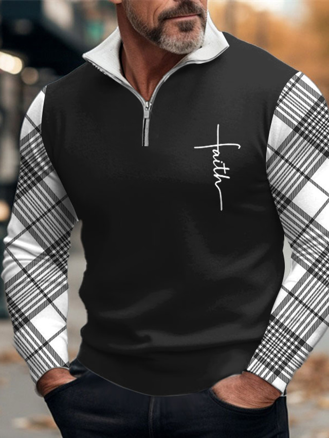  Plaid Faith Men's Business 3D Print Zip Polo Golf Polo Outdoor Casual Daily Streetwear Polyester Long Sleeve Zip Polo Shirts Black White Fall & Winter S M L Micro-elastic Lapel Polo