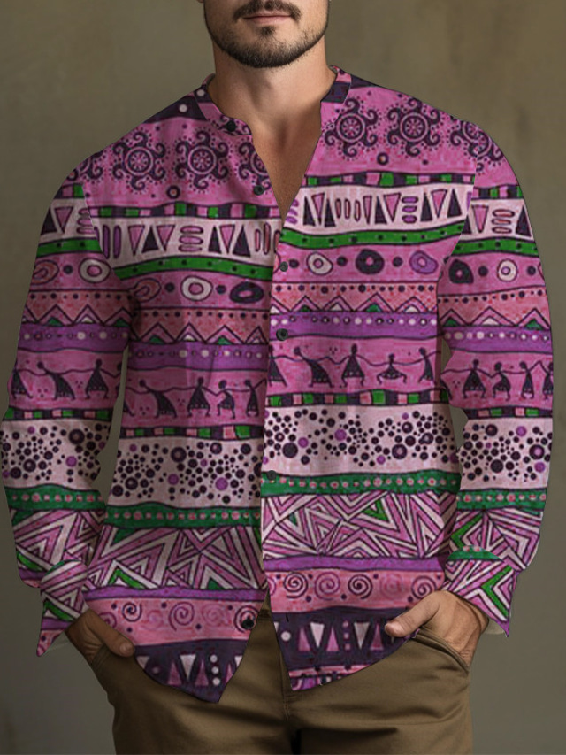  Ethnique Rétro Vintage Tribal Homme Chemise Usage quotidien Sortie Fin de semaine Automne hiver Col Mao manche longue Bleu, Violet, Fuchsia S, M, L Tissu flammé Chemise