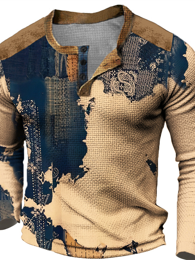  Graphic Building Fashion Designer Casual Men's 3D Print Henley Shirt Waffle T Shirt Sports Outdoor Holiday Festival T shirt Blue Khaki Dark Blue Long Sleeve Henley Shirt Spring &  Fall Clothing