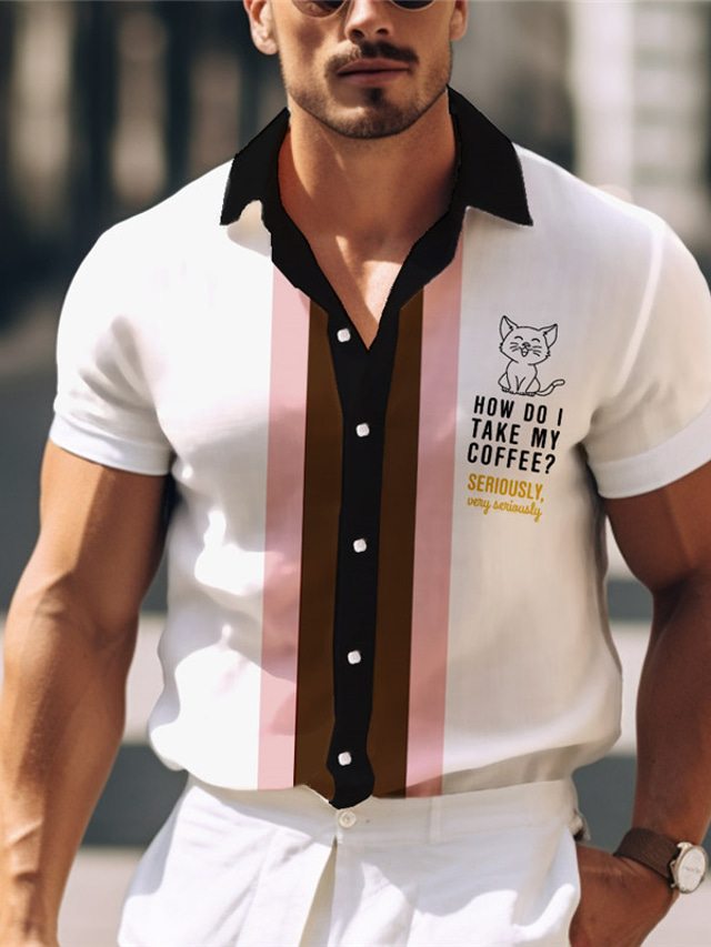  Cat Stripe Letter Casual Men's Shirt Daily Wear Going out Weekend Summer Turndown Short Sleeves Yellow, Pink, Gray S, M, L 4-Way Stretch Fabric Shirt