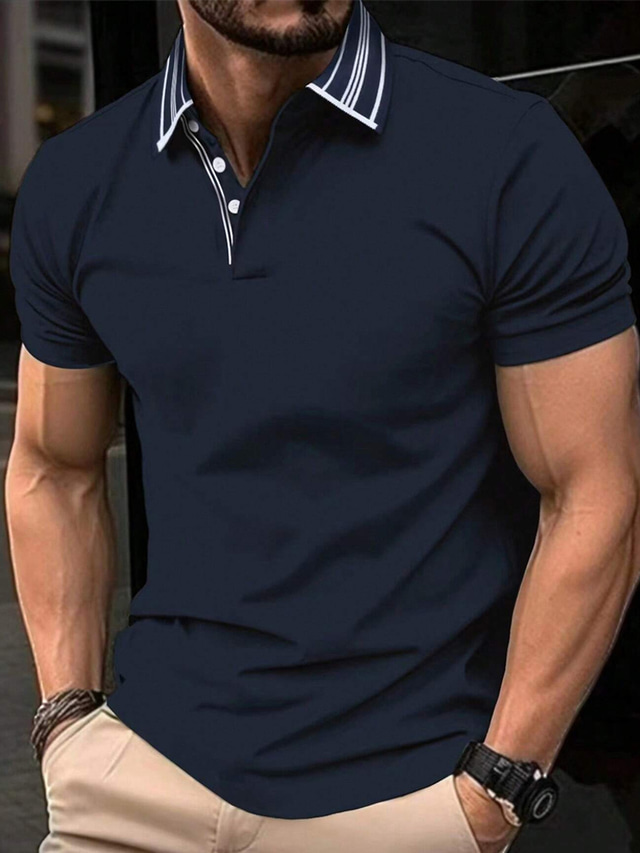  Men's Polo Shirt Button Up Polos Work Business Lapel Short Sleeve Fashion Basic Stripes Button Summer Regular Fit Navy Blue Polo Shirt