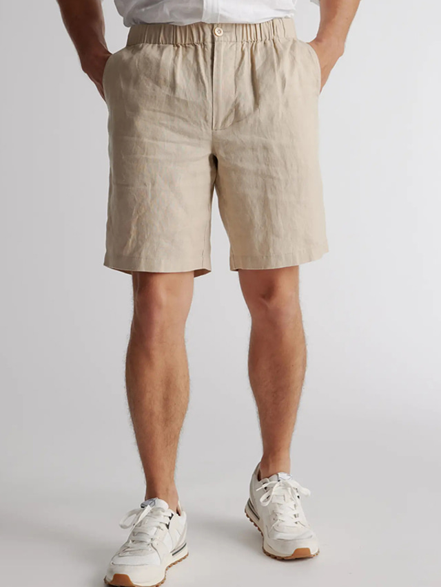  Men's Shorts Linen Shorts Summer Shorts Button Pocket Elastic Waist Plain Comfort Breathable Outdoor Daily Going out Linen Cotton Blend Fashion Casual Black Khaki