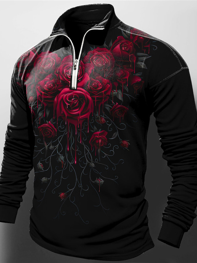  Valentine's Day Rose Men's Abstract Print 3D Zip Polo Outdoor Casual Daily Streetwear Polyester Long Sleeve Zip Polo Shirts Wine Green Spring & Summer S M L Micro-elastic