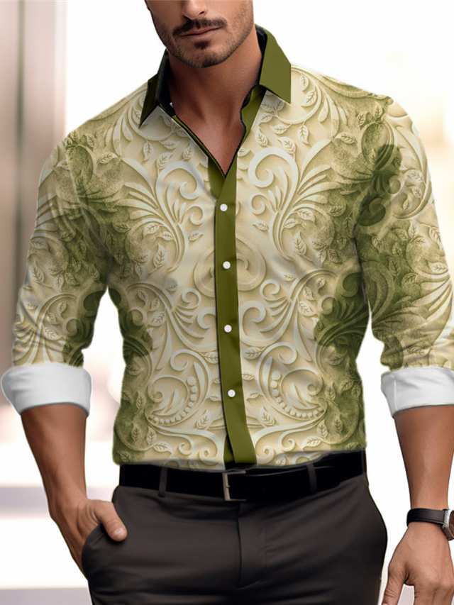  Floral Relief Pattern Vintage Men's Shirt Daily Wear Going out Spring & Summer Turndown Long Sleeve Blue, Purple, Green S, M, L 4-Way Stretch Fabric Shirt