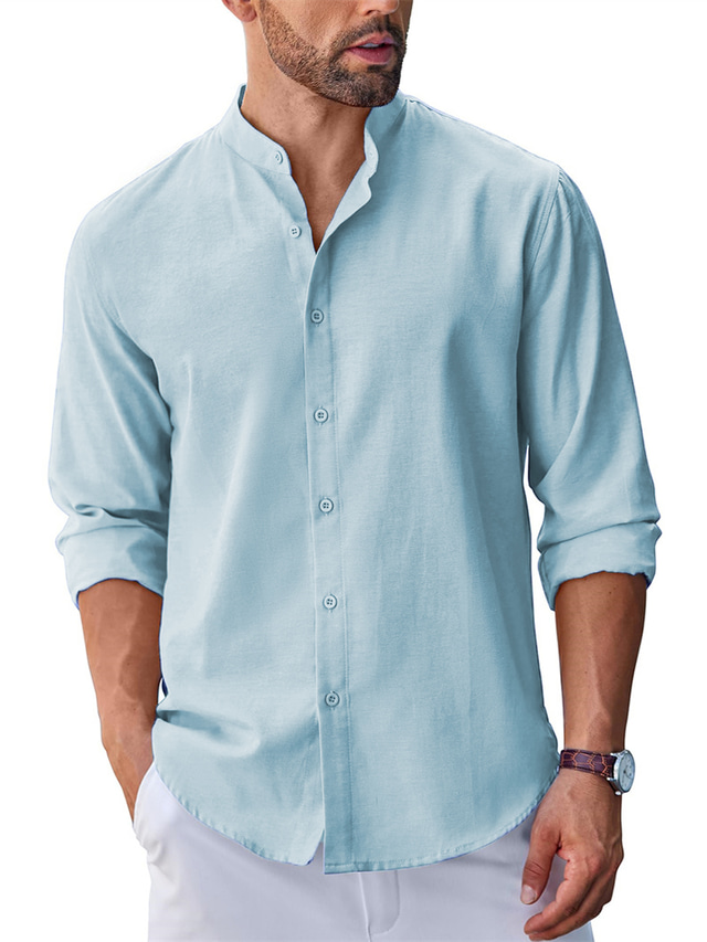  Men's Shirt Linen Shirt Button Up Shirt Beach Shirt Black White Blue Long Sleeve Plain Band Collar Spring &  Fall Casual Daily Clothing Apparel