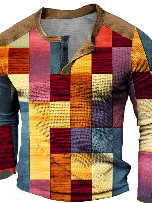 Γραφική Καρό Συνδυασμός Χρωμάτων Μοντέρνα Υψηλής Ποιότητας Καθημερινό Ανδρικά 3D εκτύπωση Πουκάμισο Henley Μπλουζάκι βάφλα Υπαίθρια Αθλήματα Αργίες Φεστιβάλ Κοντομάνικη μπλούζα