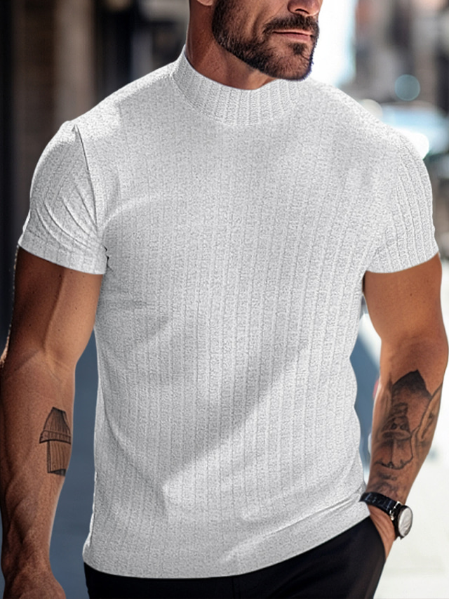  Men's T shirt Tee Ribbed Knit tee Tee Top Mock Turtleneck Plain Pit Strip Turtleneck Street Vacation Short Sleeves Slim Fit Clothing Apparel Fashion Designer Basic