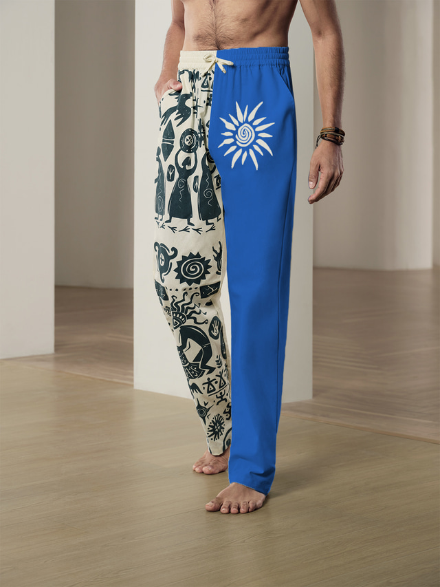  Men's Graphic Prints Flower / Floral Linen Pants Trousers Summer Pants Mid Waist Ethnic Style Casual Daily Holiday Drawstring Elastic Waist 3D Print Spring & Summer 3D Print Black Blue Khaki