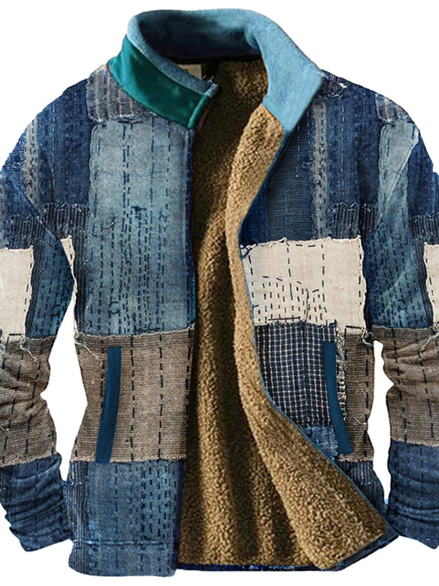  Graphic Patchwork Herren Täglich Reißverschluss-Sweatshirt Festtage Urlaub Ausgehen Sweatshirts Blau Langarm Ständer Vlies Winter Designer Kapuzenpullover