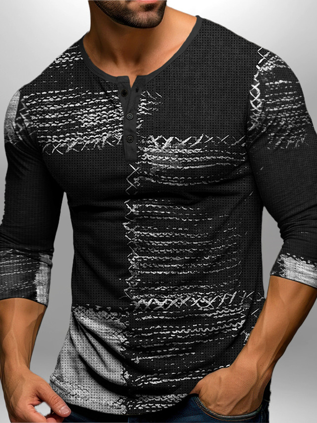  Graphic Patchwork Fashion Designer Casual Men's 3D Print Henley Shirt Waffle T Shirt Sports Outdoor Holiday Festival T shirt Black Brown Green Long Sleeve Henley Shirt Spring &  Fall Clothing Apparel