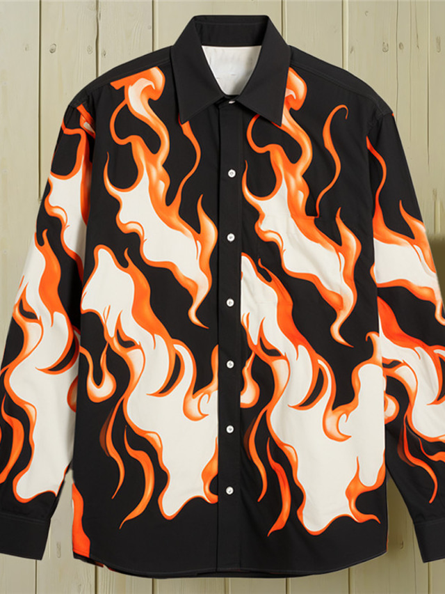  Flame Casual Men's Shirt Daily Wear Going out Fall & Winter Turndown Long Sleeve Blue, Fuchsia, Orange S, M, L 4-Way Stretch Fabric Shirt