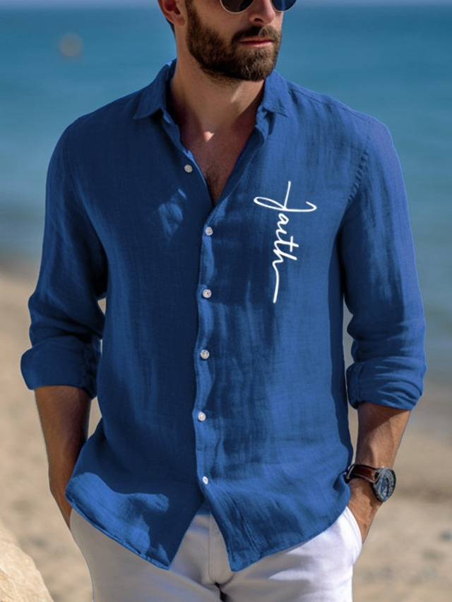  Chemise en lin pour hommes, 55% lin imprimé, blanc, bleu, manches longues, revers de foi, vêtements quotidiens d'extérieur, printemps et automne