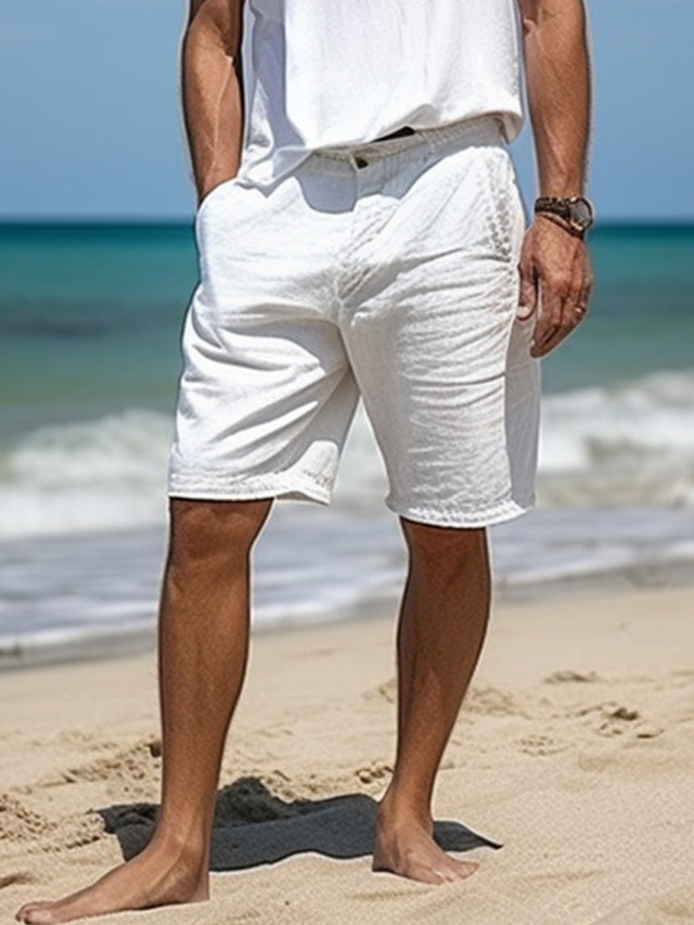  Men's Shorts Linen Shorts Summer Shorts Button Pocket Straight Leg Plain Comfort Breathable Short Casual Daily Holiday Fashion Designer White Sky Blue