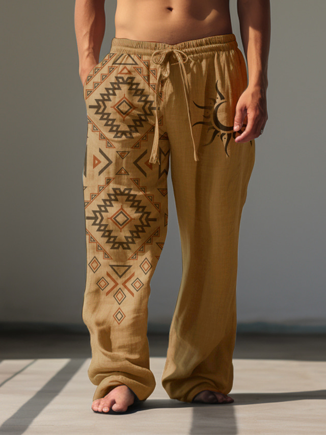  Men's Vintage Ethnic Sunfire Linen Pants Pants Trousers Mid Waist Outdoor Daily Wear Streetwear Fall & Winter Regular Fit