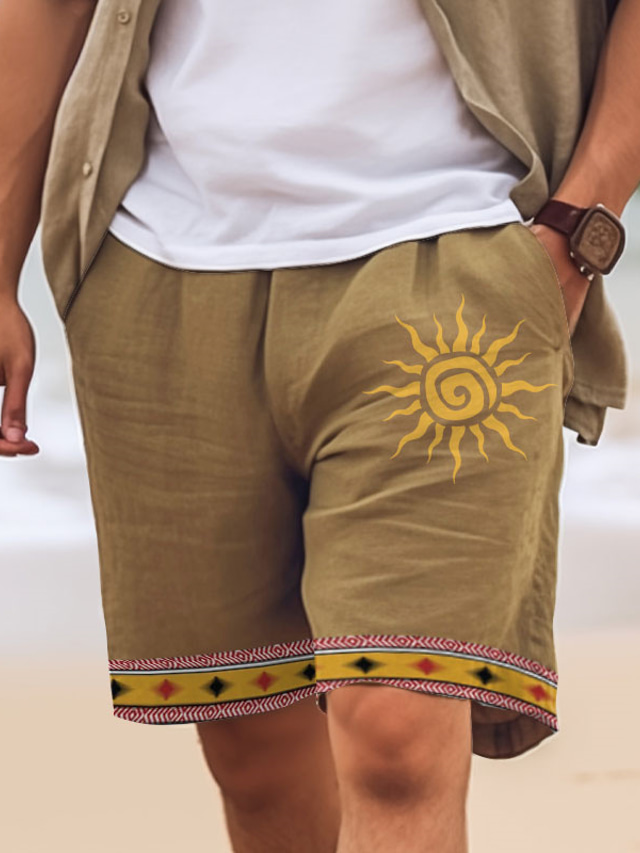  Men's Cotton Linen Shorts Summer Shorts Beach Shorts Print Drawstring Elastic Waist Sun Comfort Breathable Short Outdoor Holiday Going out Cotton Blend Ethnic Style Casual White Pink