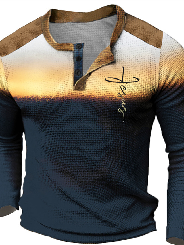  Men's Graphic Color Block Faith Henley Shirt Waffle T Shirt Long Sleeve T shirt 3D Print Henley Shirt Fashion Designer Casual Sports Outdoor Holiday Festival Black Navy Blue Brown Spring &  Fall