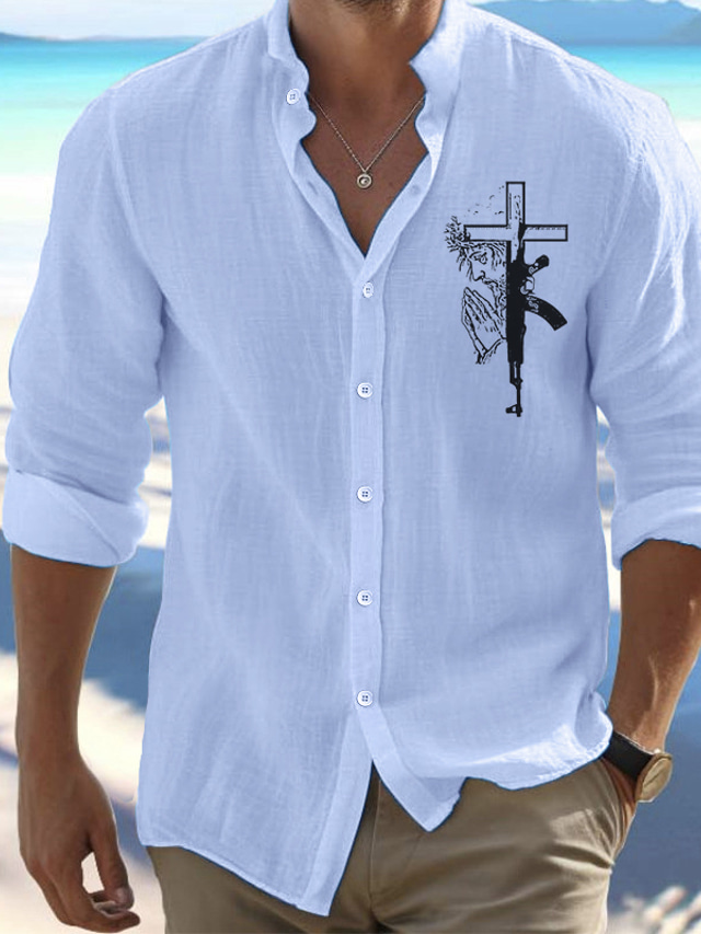  Men's Linen Linen Cotton Blend Shirt Linen Shirt Button Up Shirt Cross Faith Print Long Sleeve Standing Collar Black, White, Pink Shirt Outdoor Daily Wear Vacation