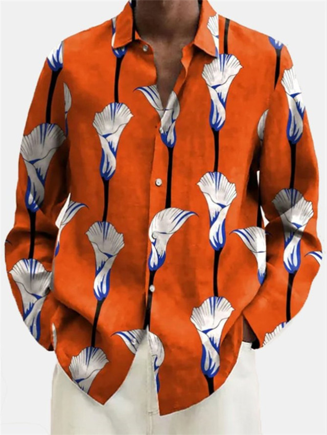  Floral Casual Hombre Camisa camisa de lino Ropa Cotidiana Noche Fin de semana Primavera Cuello Vuelto Manga Larga Azul Piscina, Naranja, Albaricoque S, M, L Tela flameada Camisa