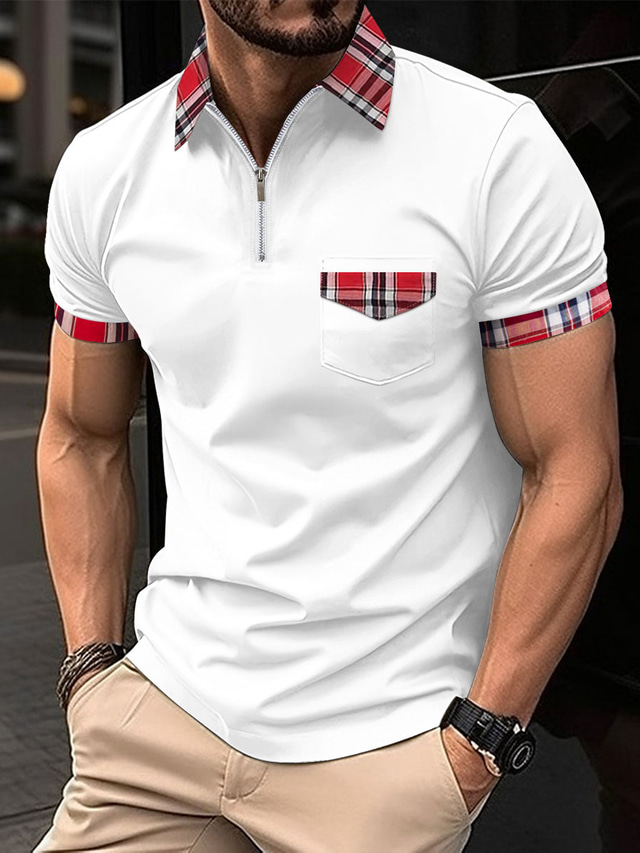  Male Polo Shirt Knit Polo Casual Date Lapel Short Sleeves Fashion Plaid / Striped / Chevron / Round Solid / Plain Color Knitting Summer Dry-Fit Black White Pink Wine Dark Navy Sky Blue Polo Shirt
