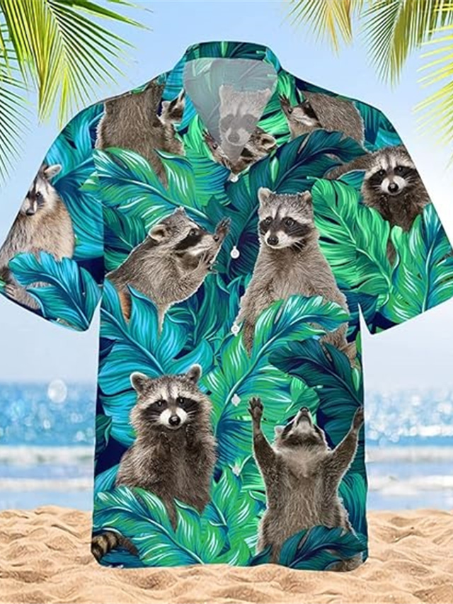  dier Kat Casual Voor heren Overhemd Buiten Straat Casual / Dagelijks Zomer Cubaanse kraag Korte mouw Paars Groen S M L Overhemd