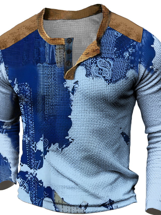  Per uomo Pop art Città e palazzi Camicia Henley Maglietta Waffle Manica lunga maglietta Stampa 3D Henley Camicia Di tendenza Originale Informale Sportivo Per eventi Festival Blu Cachi Blu scuro