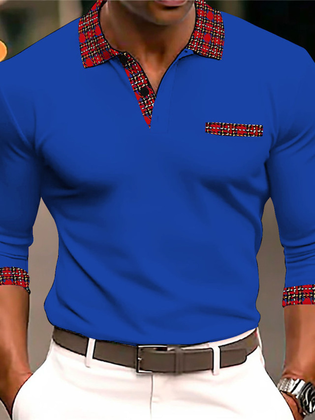  Men's Plaid / Check Cable Knit Polo Golf Polo Long Sleeve Polo Shirts Turndown Business Outdoor Casual Daily Streetwear 3D Print Black White Blue