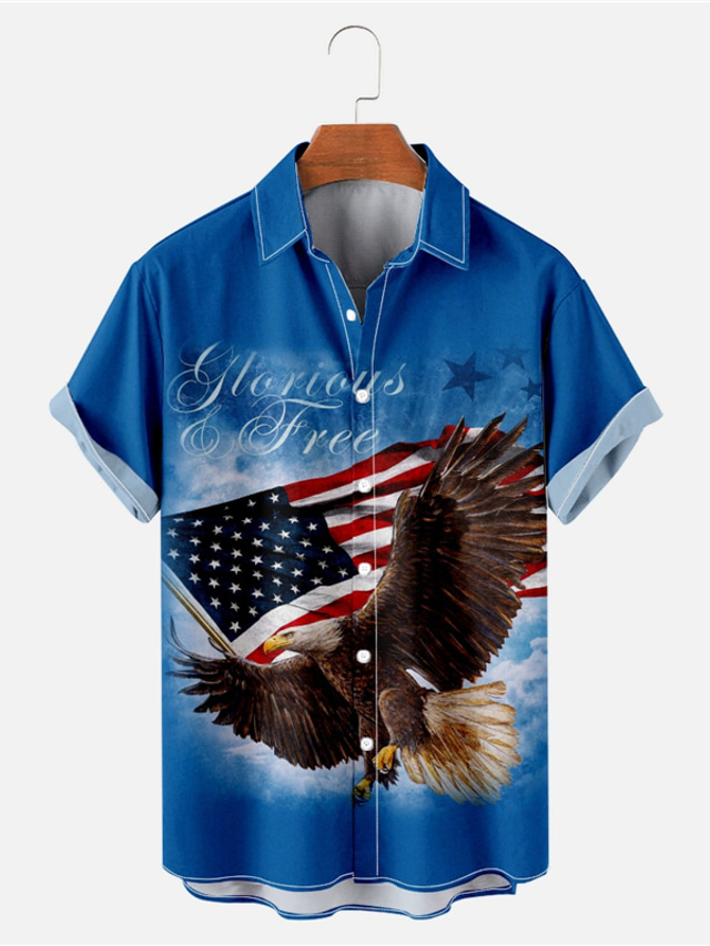  American US Flag Eagle Casual Men's Shirt Daily Wear Going out Weekend Autumn / Fall Turndown Short Sleeves Red, Burgundy, Blue S, M, L 4-Way Stretch Fabric Shirt