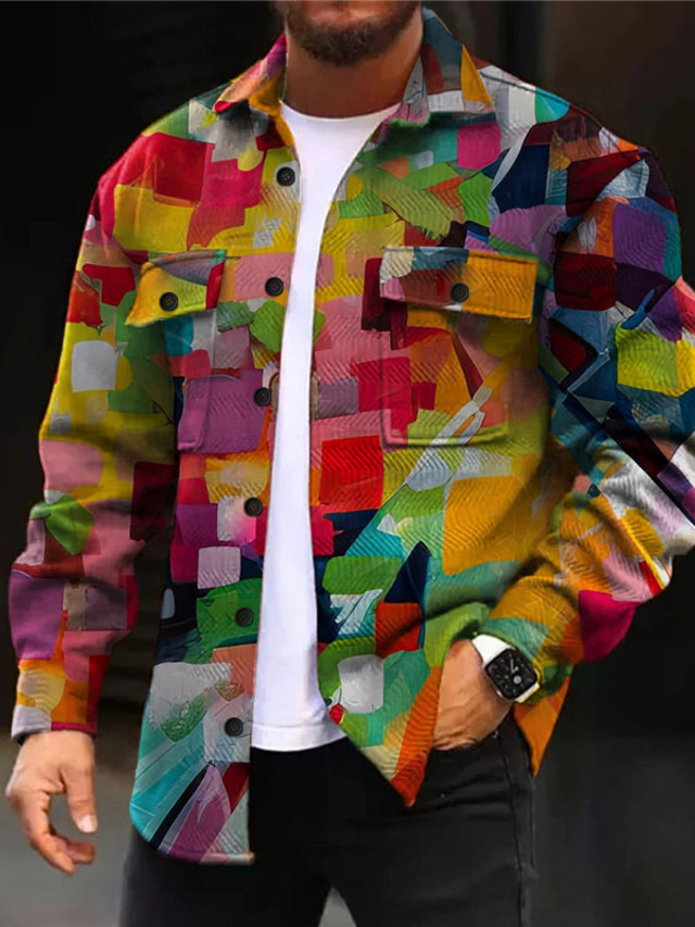  Geometry Artistic Abstract Men's Shirt Shirt Jacket Shacket Daily Wear Going out Weekend Fall & Winter Turndown Long Sleeve Purple, Rainbow S, M, L Polar Fleece Shirt