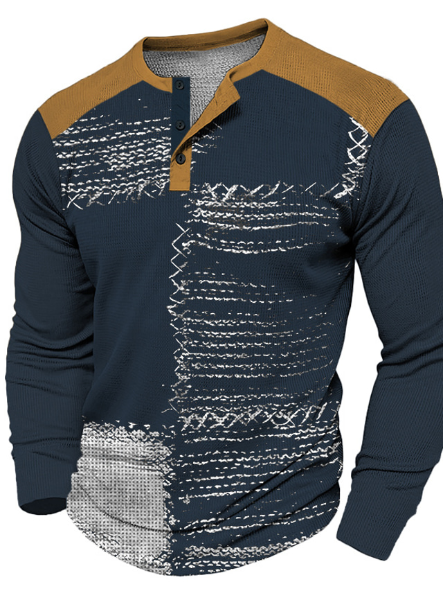  Graphic Bloc de couleur Mode Design Décontractées Homme 3D effet Chemise Henley Shirt T-shirt gaufré Sport extérieur Vacances Festival T-shirt Noir Vert Véronèse Bleu de minuit manche longue Henley